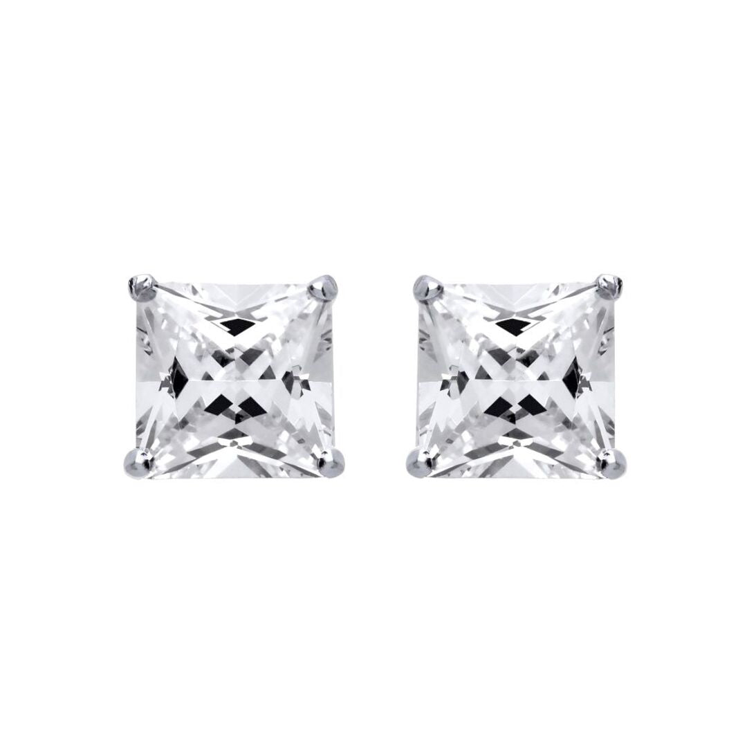 Silver  Princess Cut CZ 4 Claw Solitaire Stud Earrings 8mm 6.00cts - SQ8