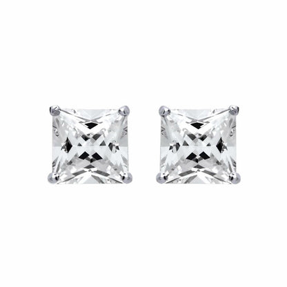 Silver  Princess Cut CZ 4 Claw Solitaire Stud Earrings 8mm 6.00cts - SQ8