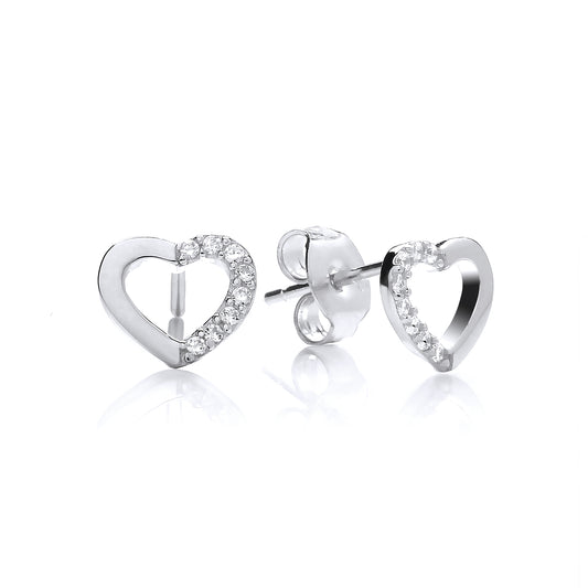Silver  CZ Semi Pave Love Heart Stud Earrings - SZE003