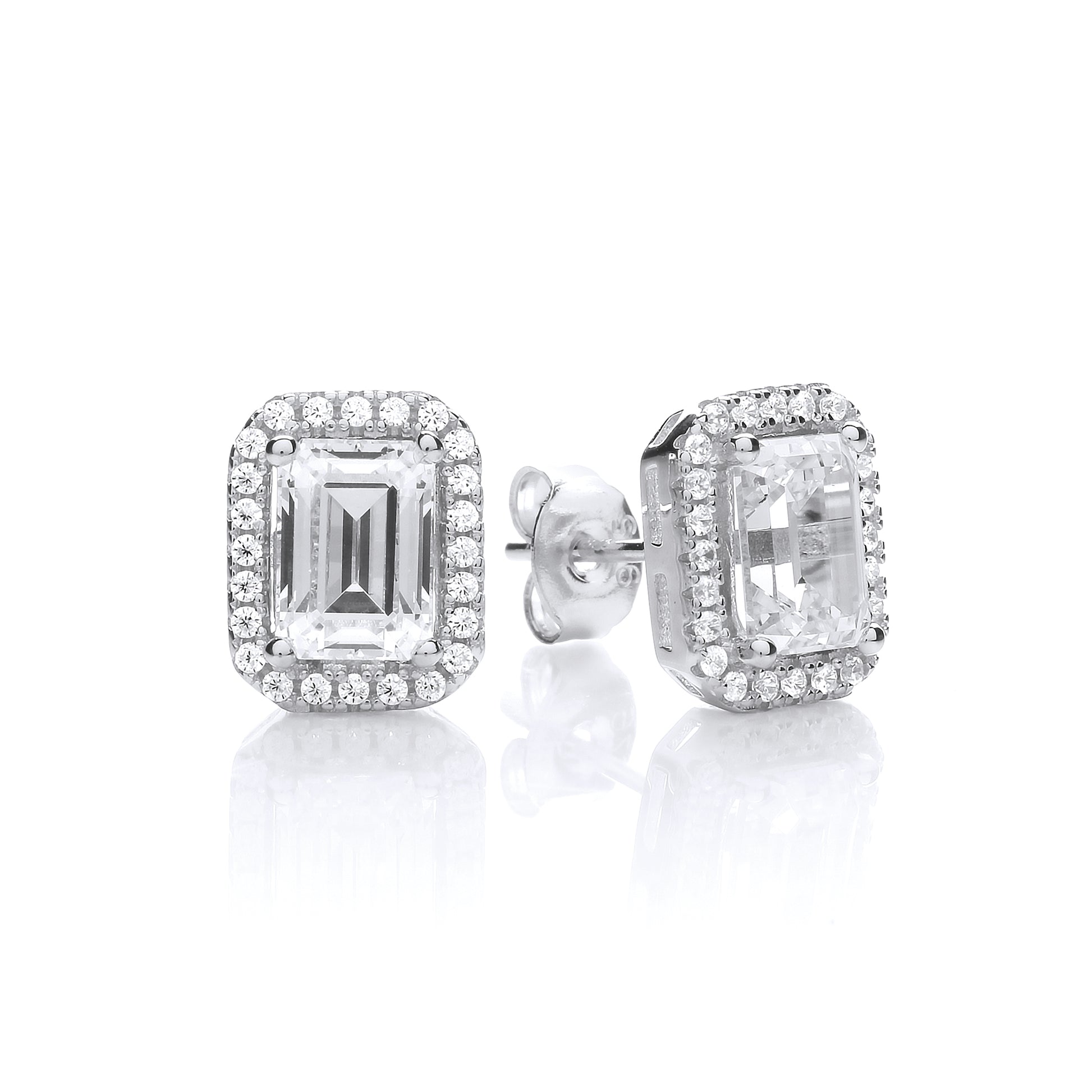 Silver  Emerald Cut CZ Zohar Halo Stud Earrings - SZE009