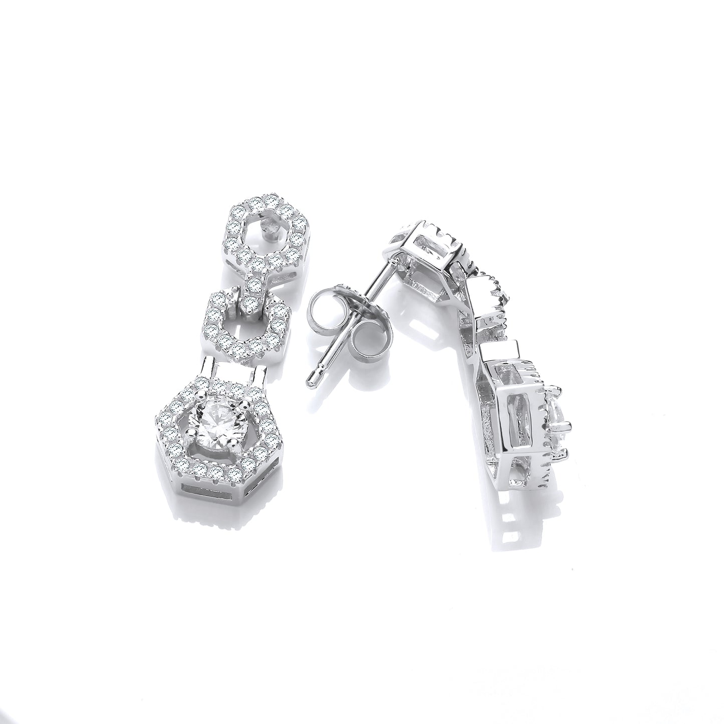 Silver  CZ Hexagon Halo Drop Earrings - SZE010