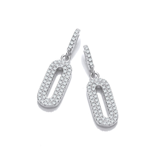 Silver  CZ Oval Pill Halo Drop Earrings - SZE011