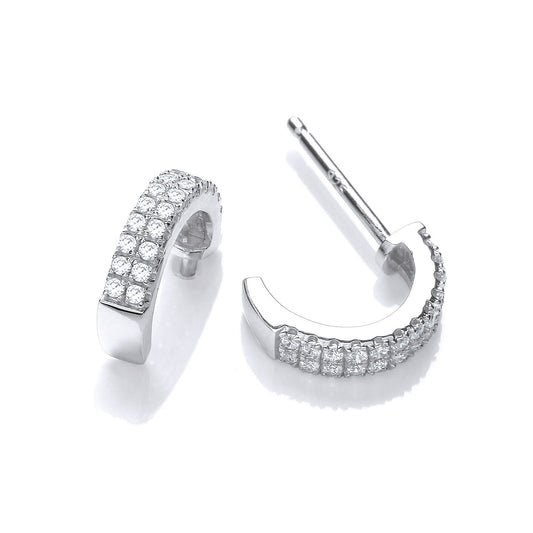 Silver  CZ 2 Row Pave Cuff Huggie Hoop Earrings 12mm - SZE012