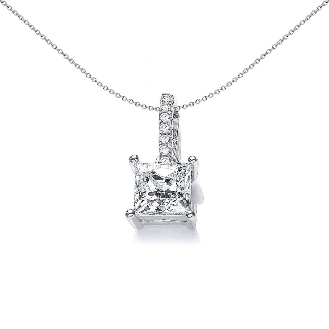 Silver  Princess Cut CZ Solitaire Pendant Necklace - SZP003