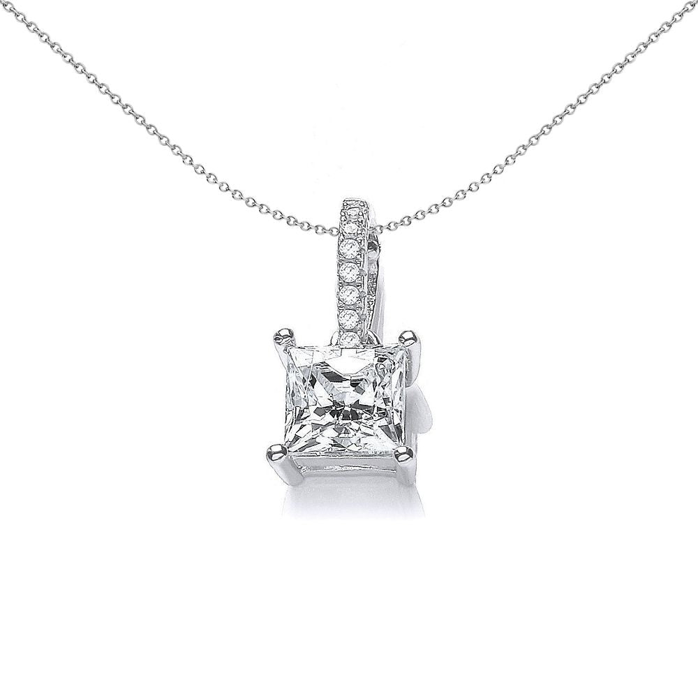 Silver  Princess Cut CZ Solitaire Pendant Necklace 18 inch - SZP003