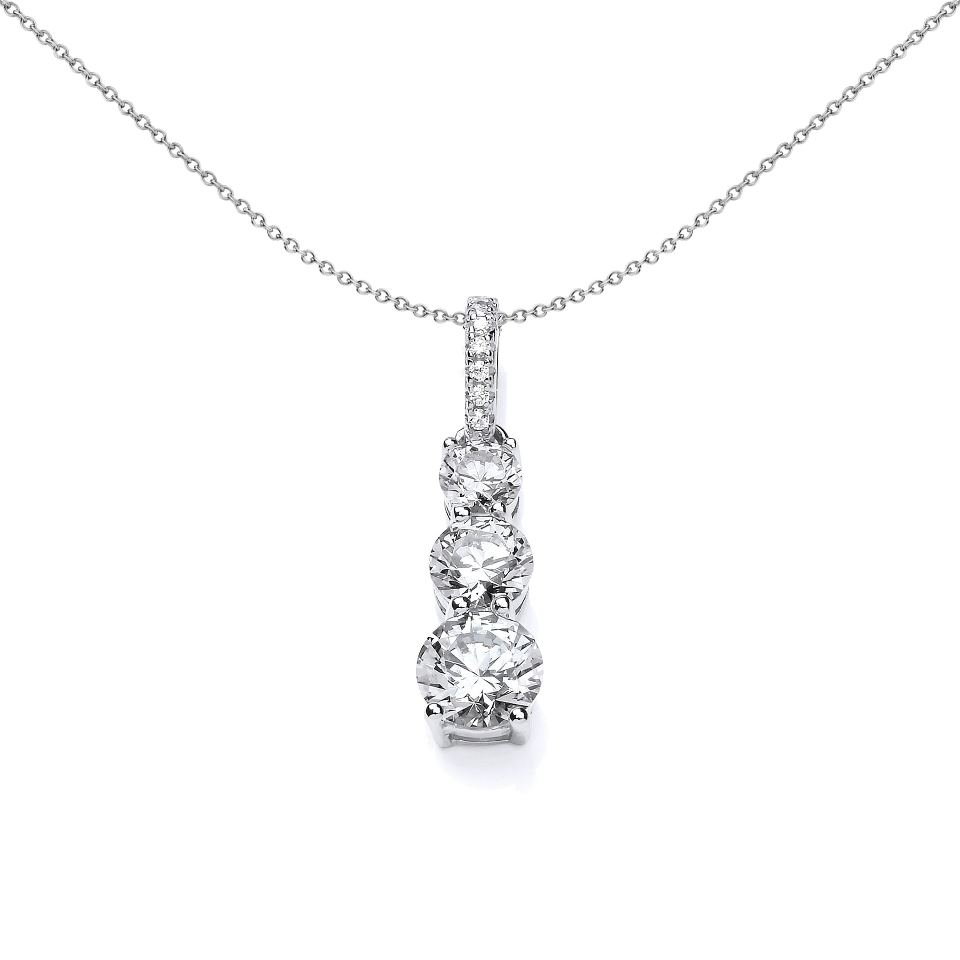 Silver  CZ Trilogy Pendant Necklace 17 inch - SZP010