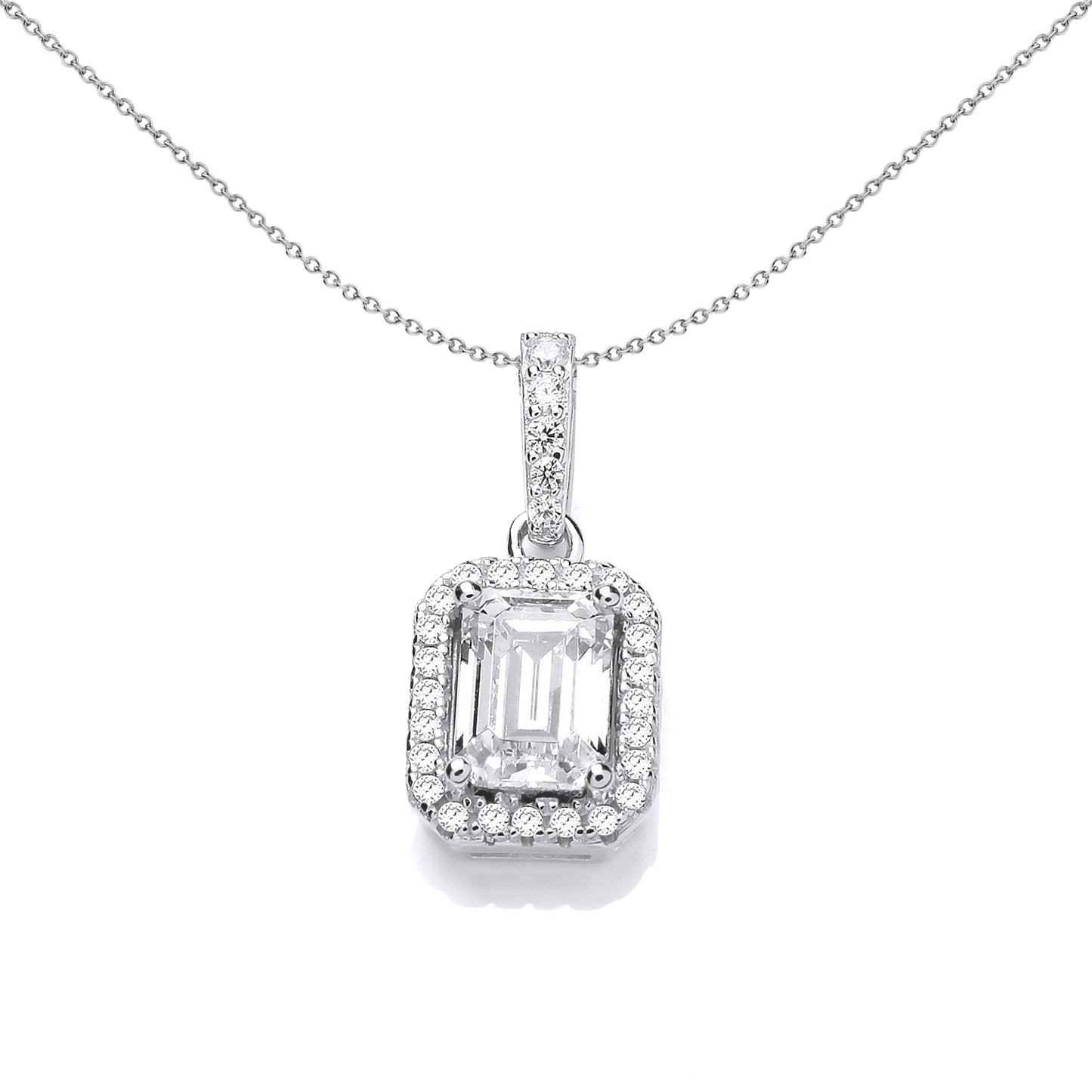 Silver  Emerald Cut CZ Zohar Halo Pendant Necklace 18 inch - SZP012