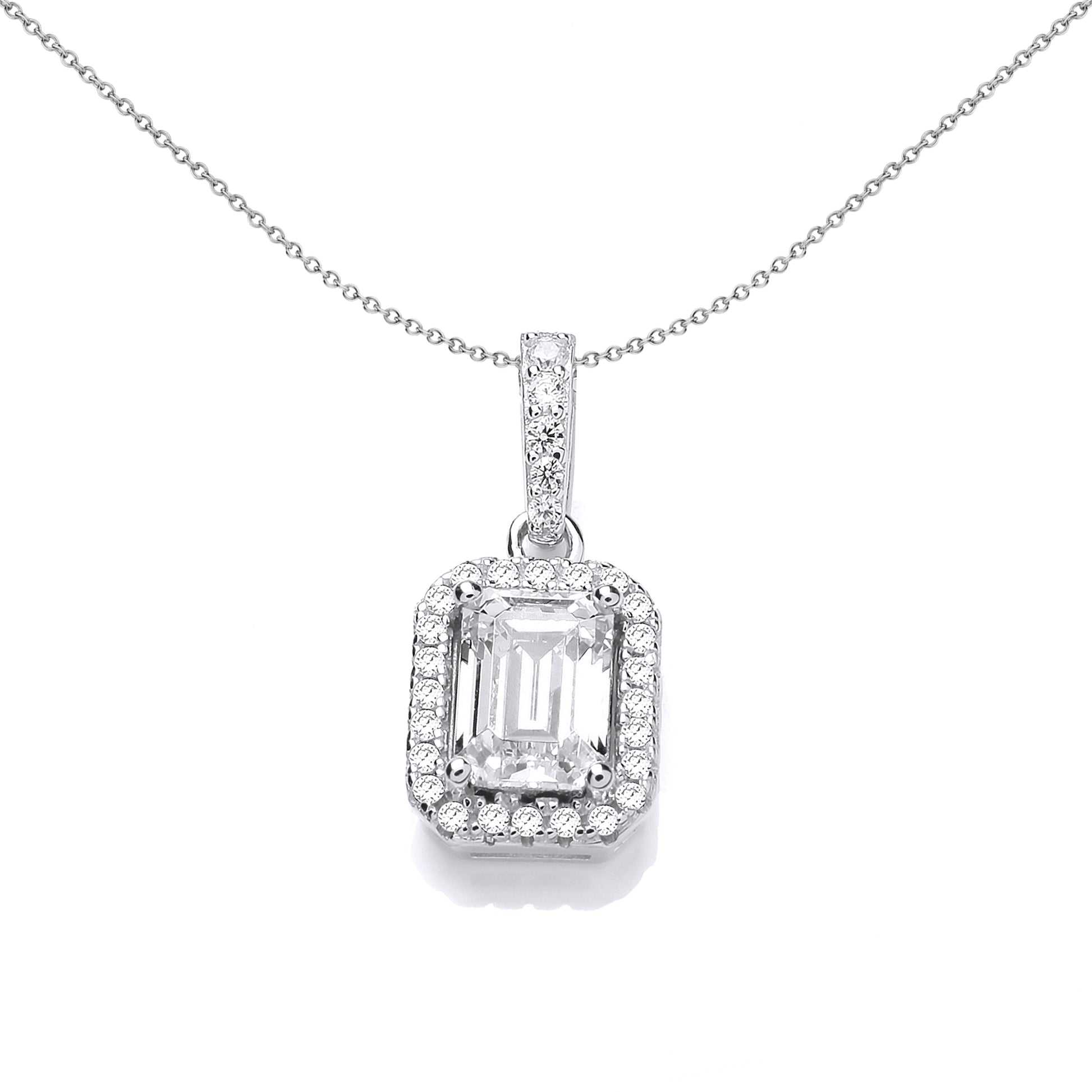 Silver  Emerald Cut CZ Zohar Halo Pendant Necklace 18 inch - SZP012