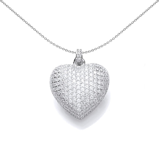 Silver  CZ 3D Encrusted Love Heart Charm Necklace 18 inch - SZP013