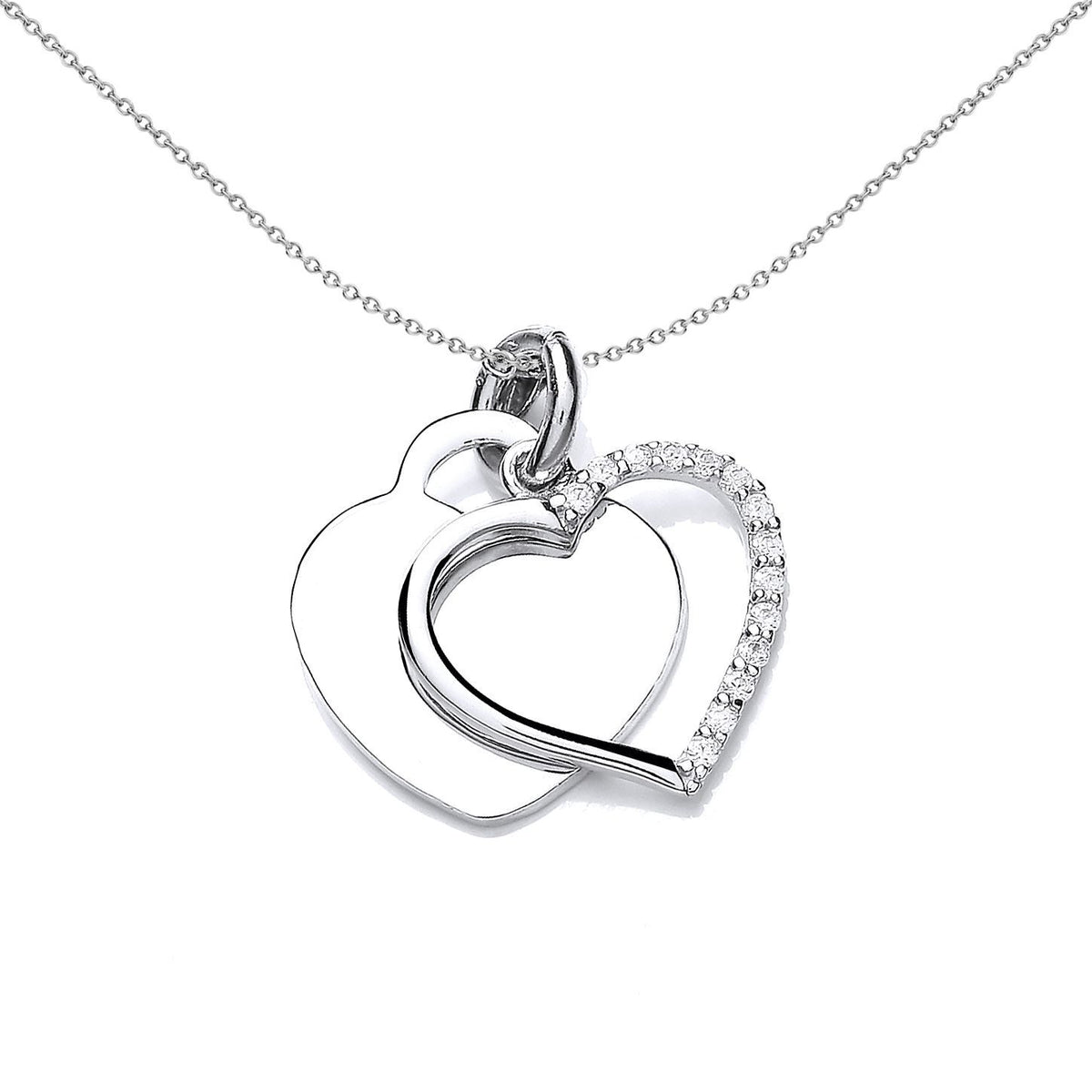 Sterling Silver  CZ Entwined Dual Love Heart Tag Charm Necklace - SZP015