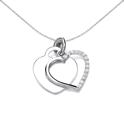 Sterling Silver  CZ Entwined Dual Love Heart Tag Charm Necklace - SZP015