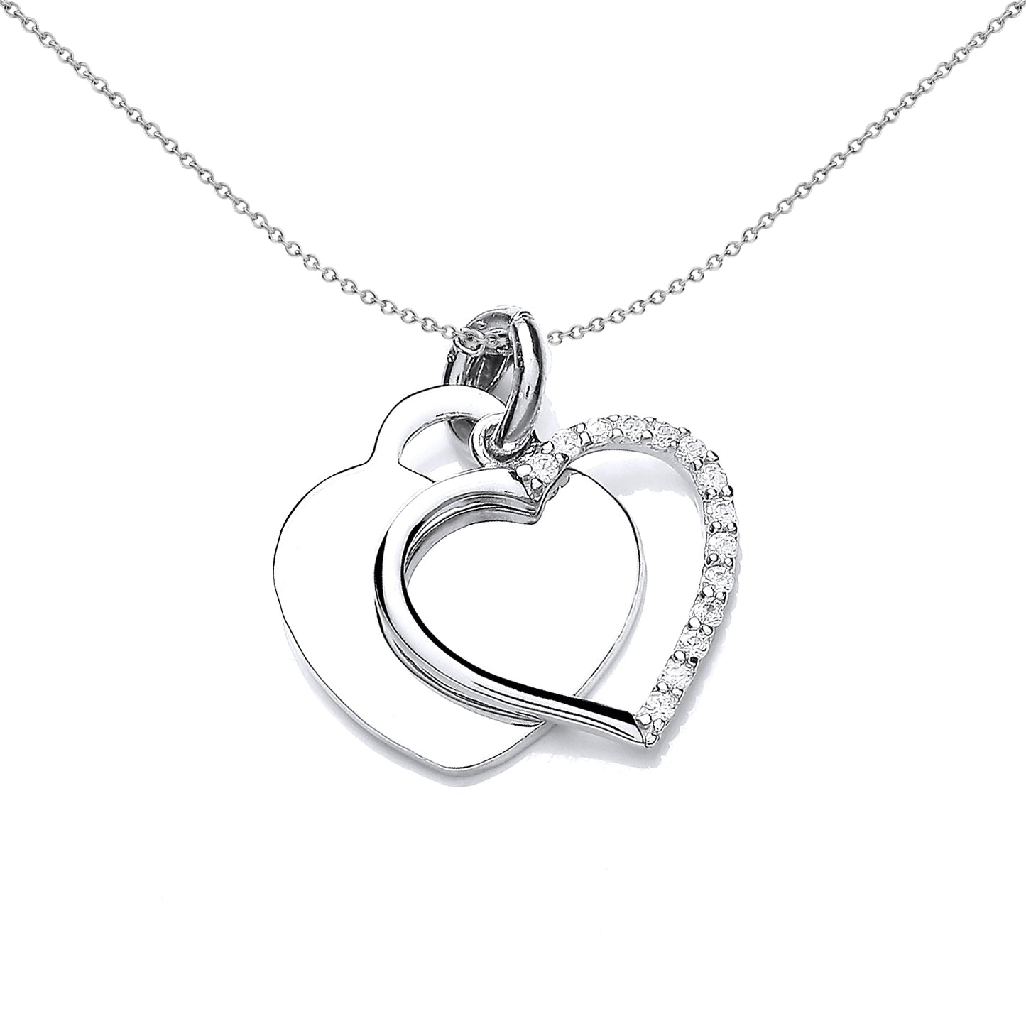 Silver  CZ Dual Love Heart Tag Charm Necklace 18 inch - SZP015