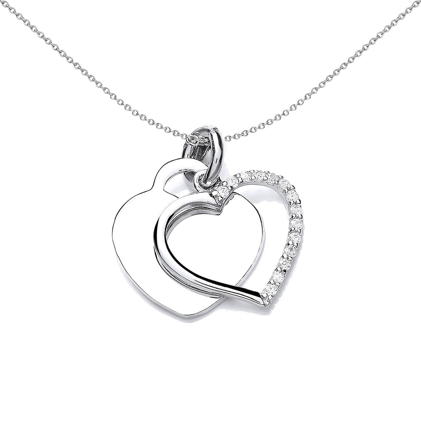 Silver  CZ Dual Love Heart Tag Charm Necklace - SZP015