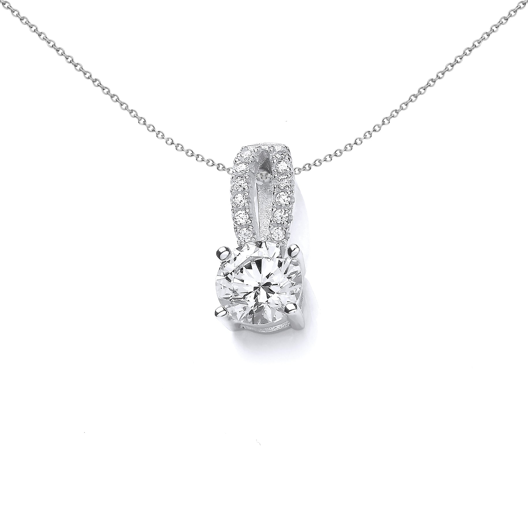 Silver  CZ Split Bale Solitaire Pendant Necklace 18 inch - SZP018