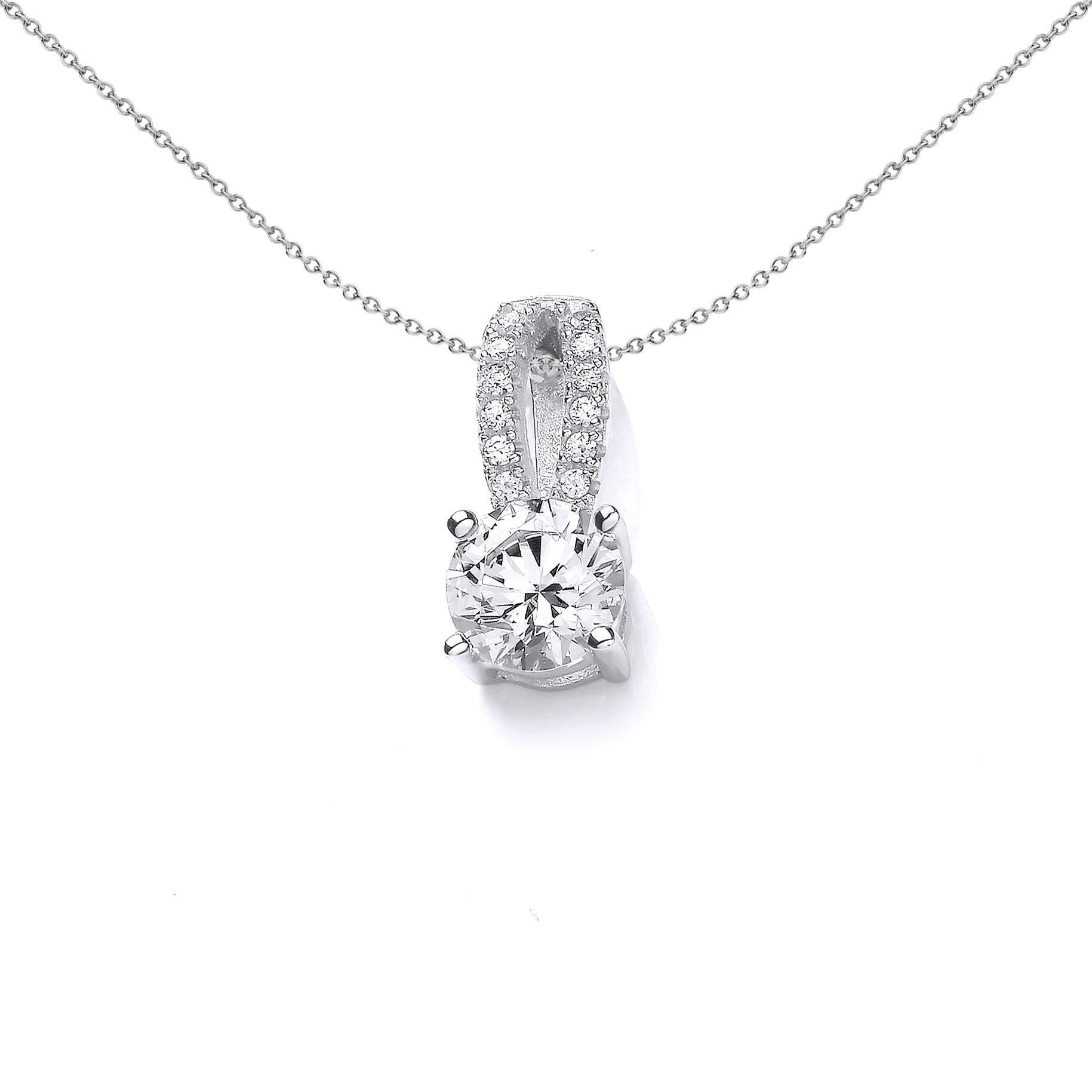 Silver  CZ Split Bale Solitaire Pendant Necklace 18 inch - SZP018