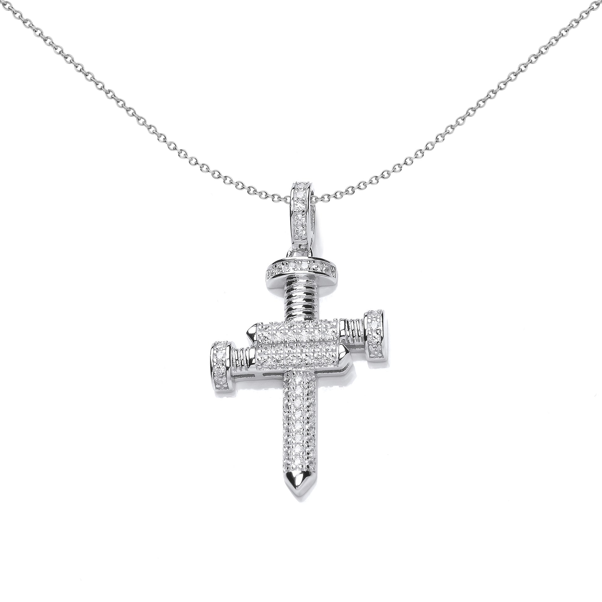 Unisex Silver  CZ Screw Nails Cross Pendant Necklace 18 inch - SZP020