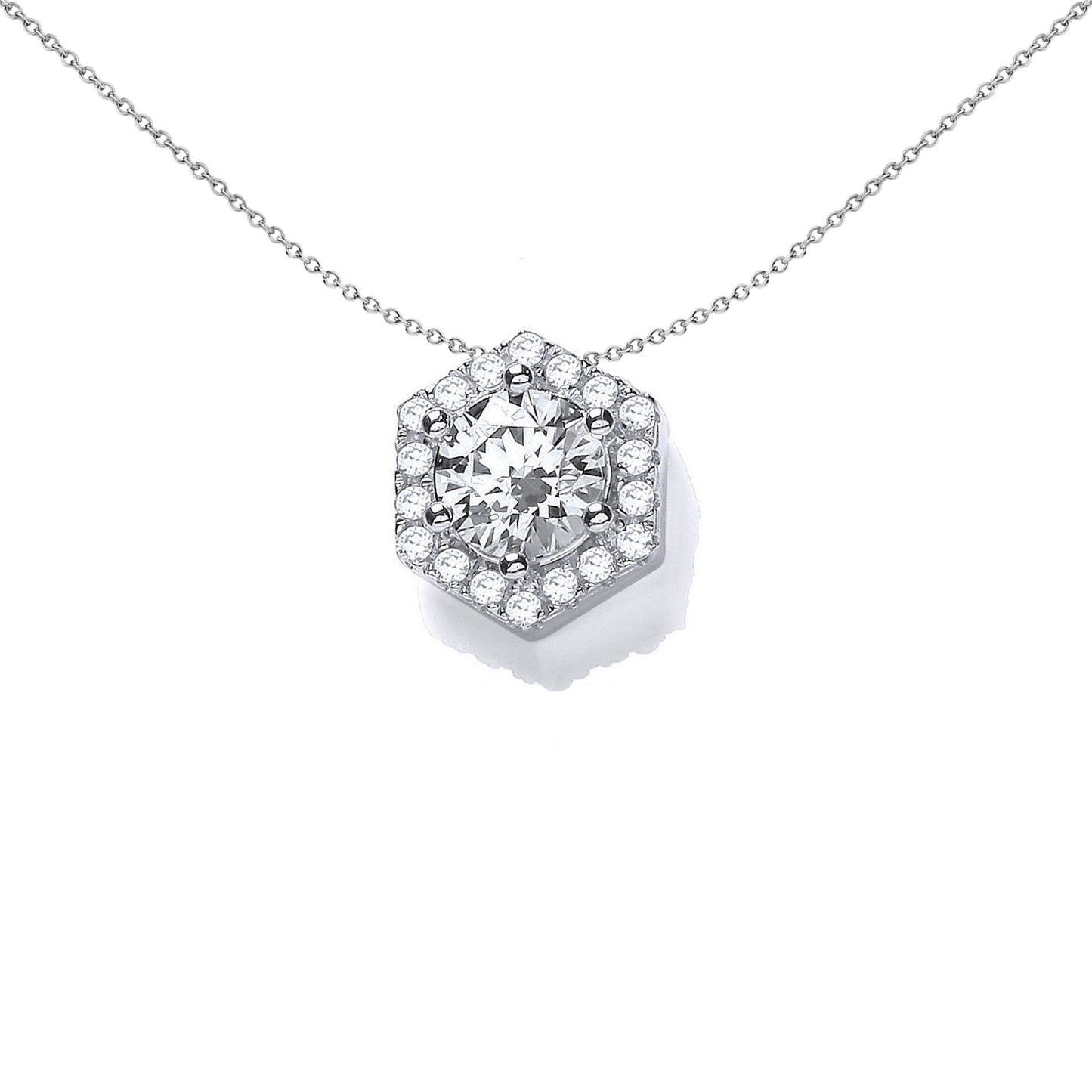 Silver  CZ Hexagon Halo Charm Necklace 18 inch - SZP021