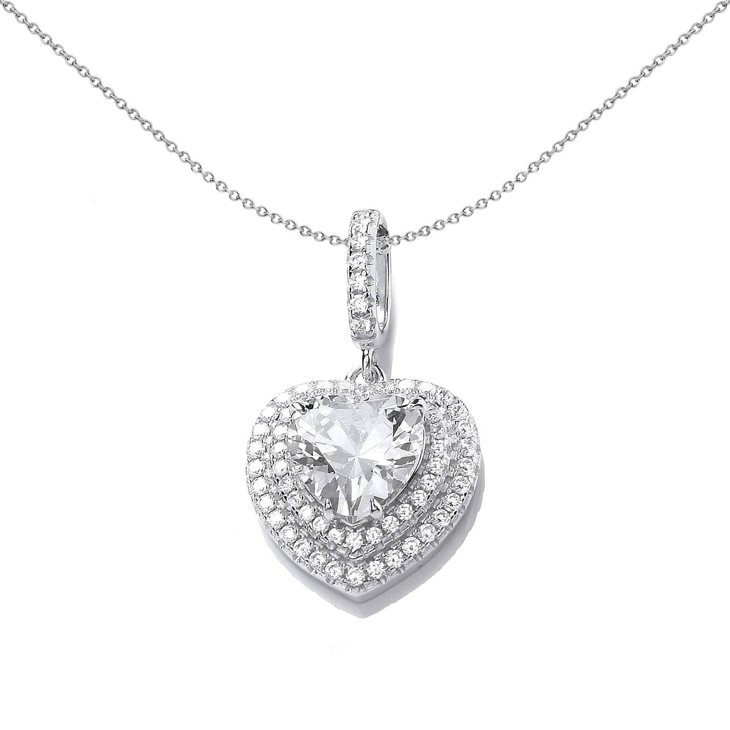 Silver  Heart CZ 2 Tier Love Heart Halo Charm Necklace 18 inch - SZP023