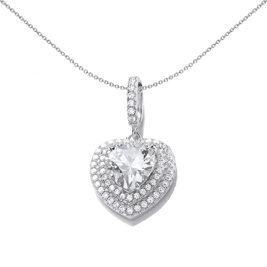 Silver  Heart CZ 2 Tier Love Heart Halo Charm Necklace 18 inch - SZP023