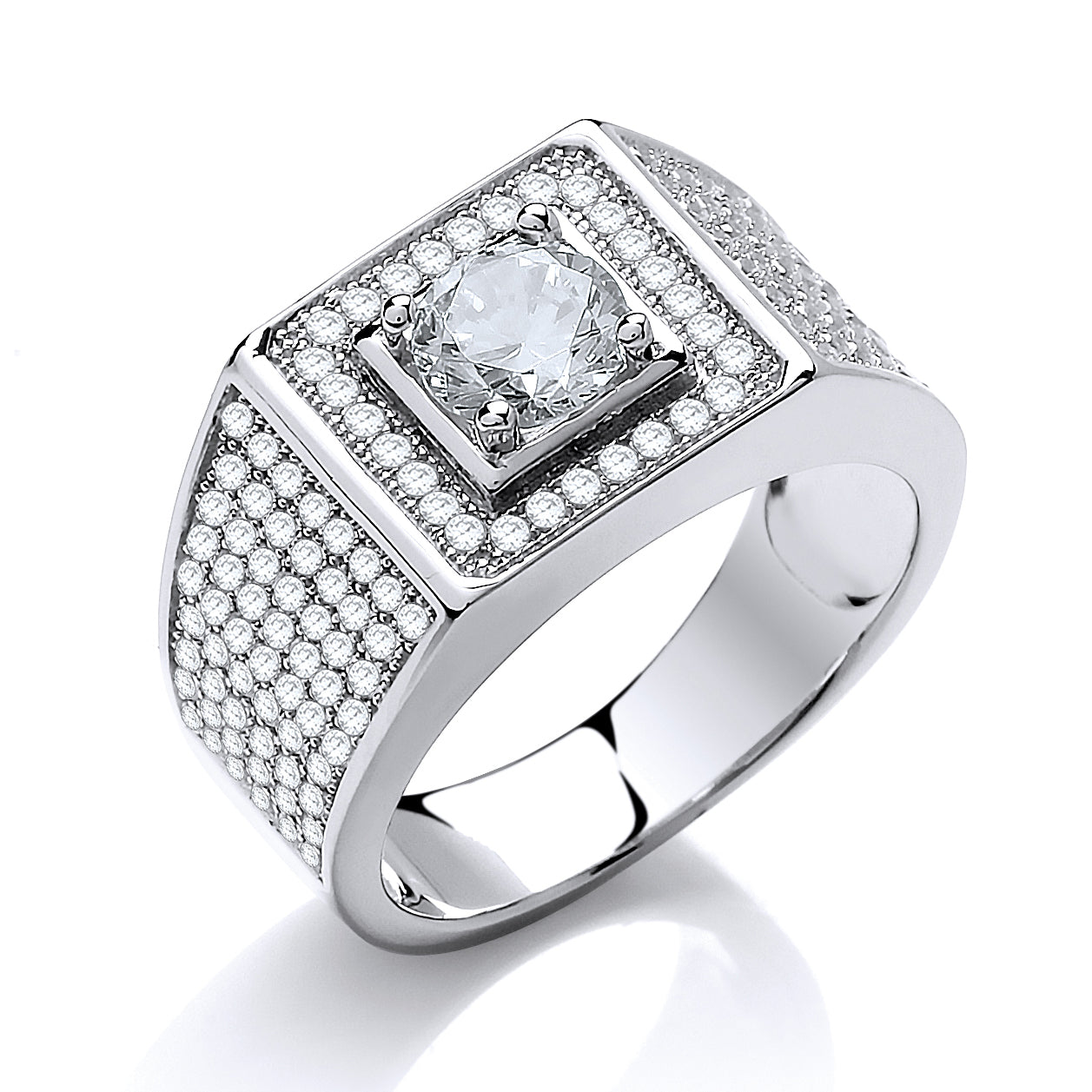 Silver  CZ Pave Encrusted Solitaire Signet Ring - SZR013