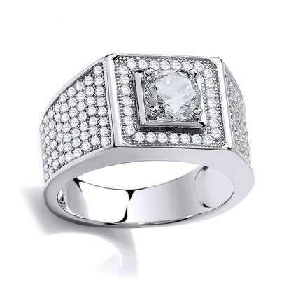 Silver  CZ Pave Encrusted Solitaire Signet Ring - SZR013