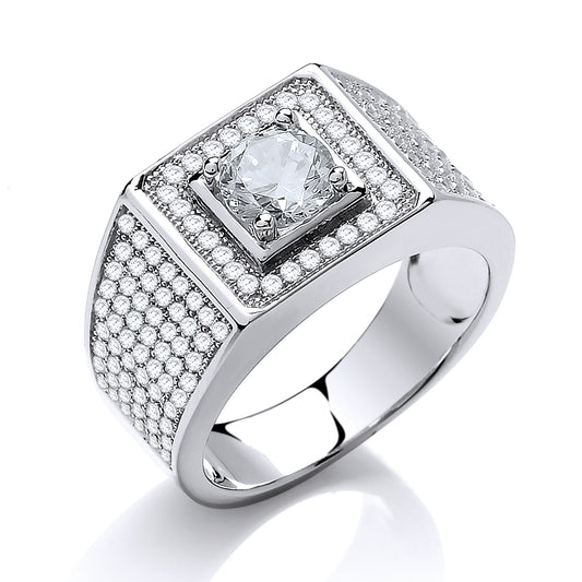 Silver  CZ Pave Encrusted Solitaire Signet Ring - SZR013