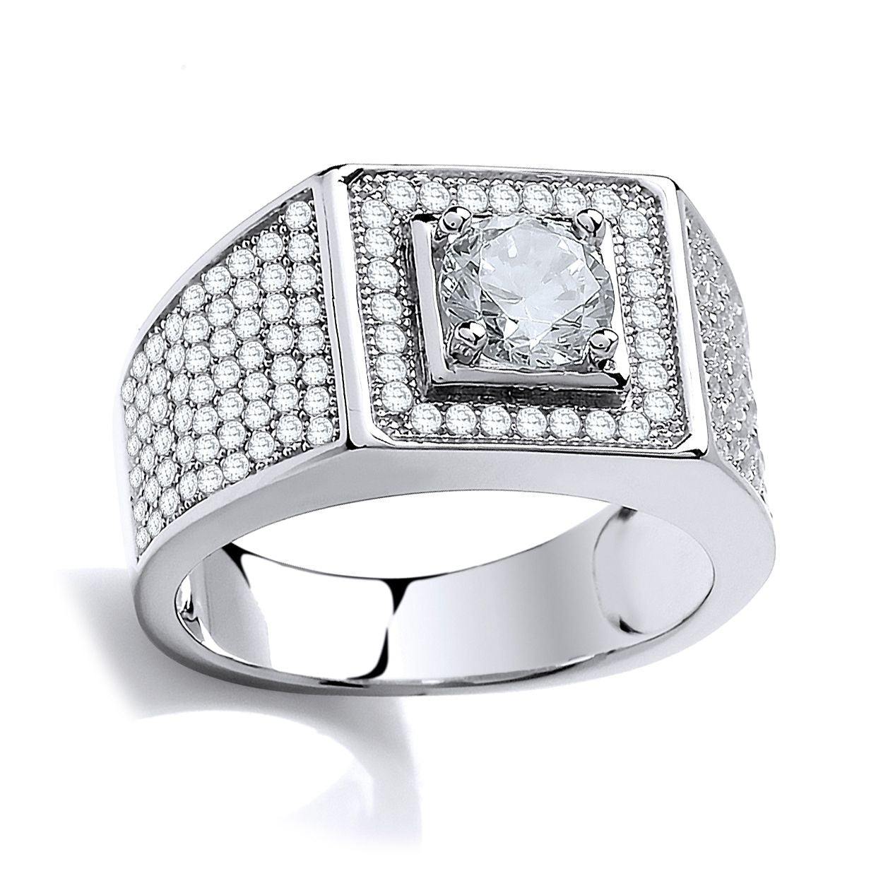 Silver  CZ Pave Encrusted Solitaire Signet Ring - SZR013