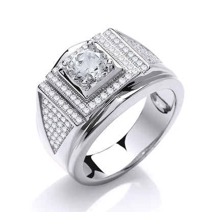 Silver  CZ Pave Encrusted Solitaire Signet Ring - SZR014