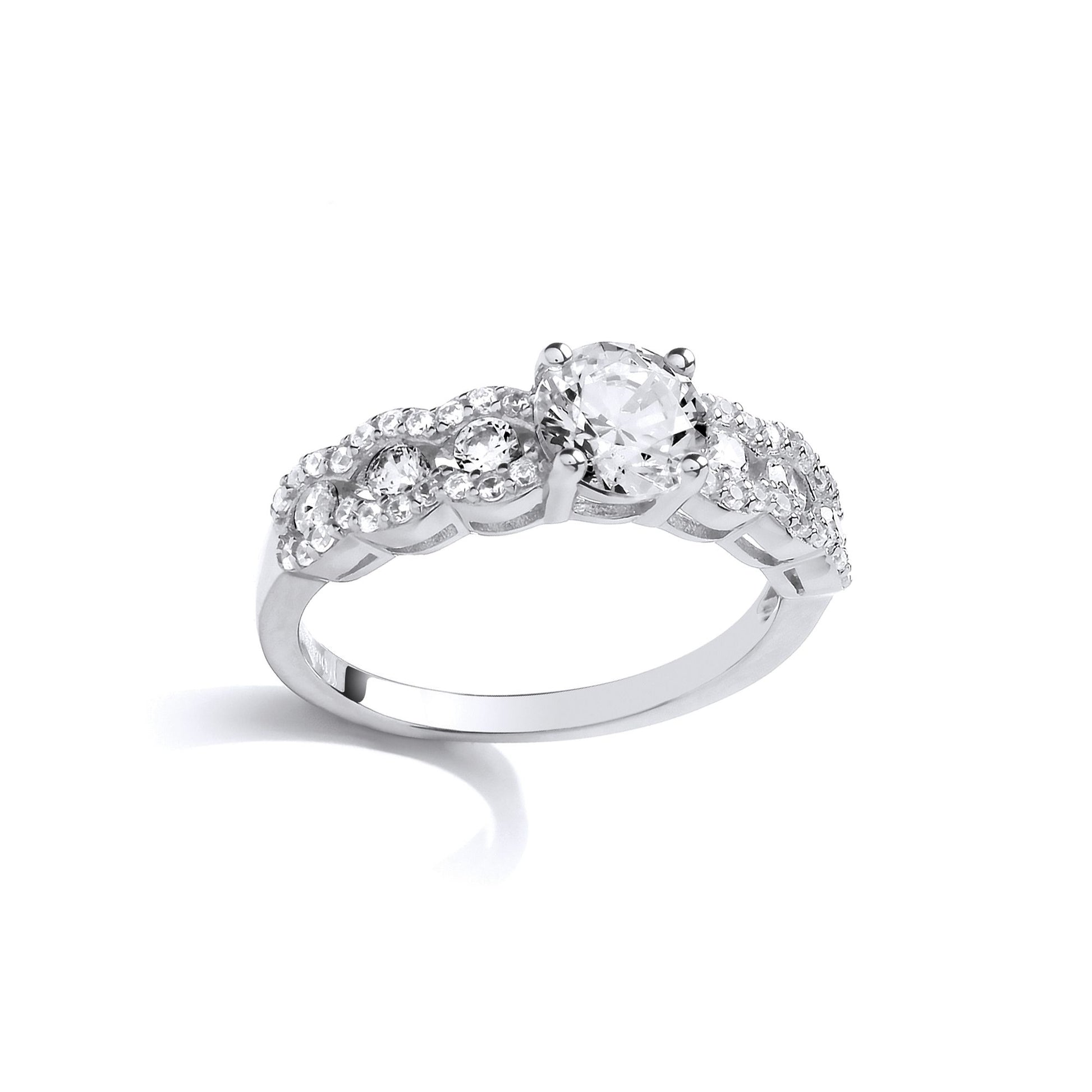 Silver  CZ Wavy Halo Shoulder Solitaire Engagement Ring - SZR015