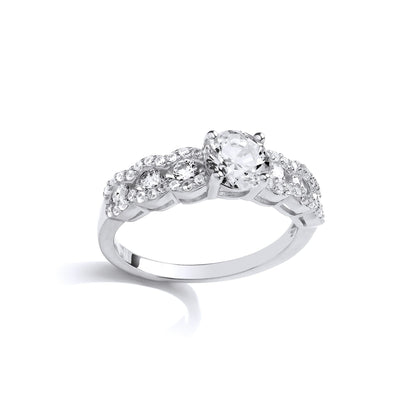 Silver  CZ Wavy Halo Shoulder Solitaire Engagement Ring - SZR015