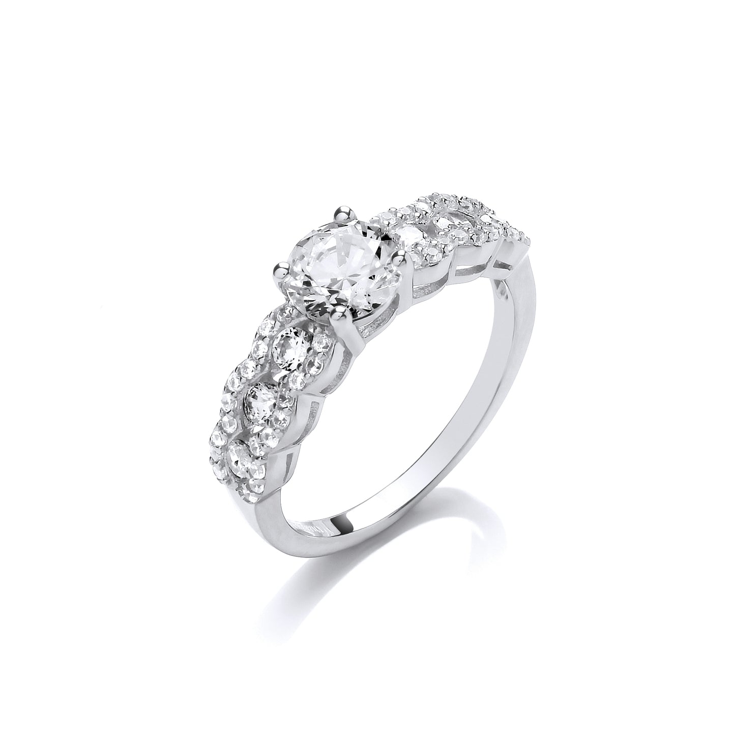 Silver  CZ Wavy Halo Shoulder Solitaire Engagement Ring - SZR015