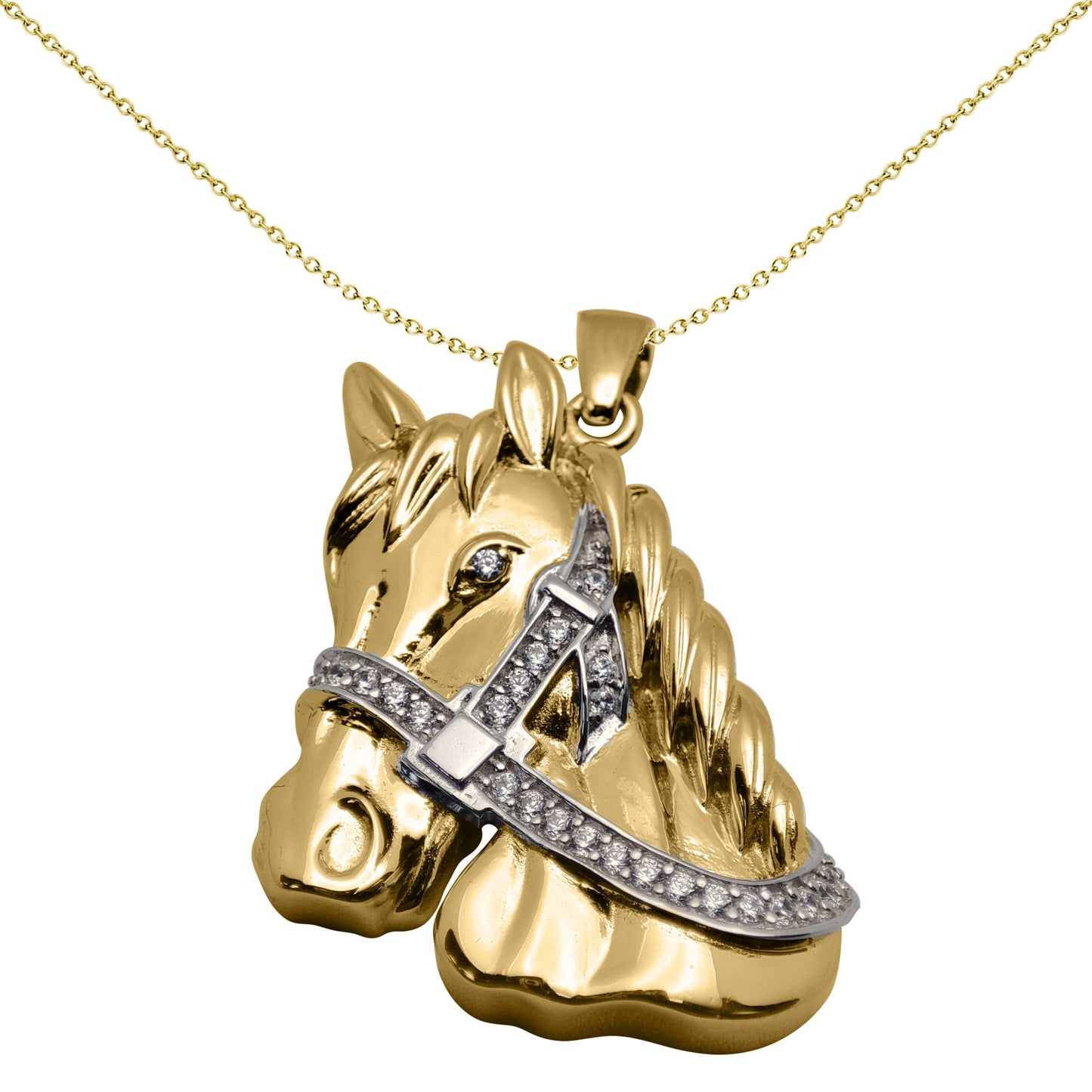 9ct Gold  CZ Horse Charm Pendant - 20inch Gold-plated Silver Chain - XPD032