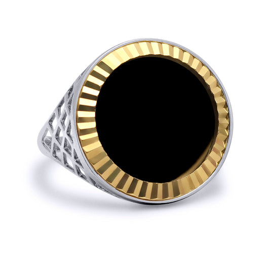 Silver  Full Sovereign Coin Mount Onyx Ring 9ct Gold Fluted Bezel - XRN168-F