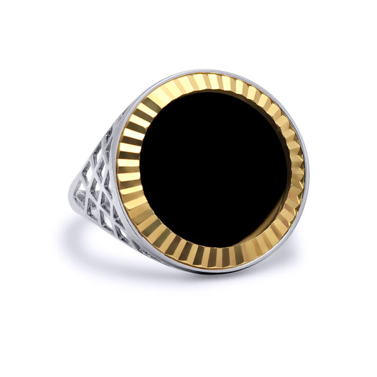 Silver  Half Sovereign Coin Mount Onyx Ring 9ct Gold Fluted Bezel - XRN168-H